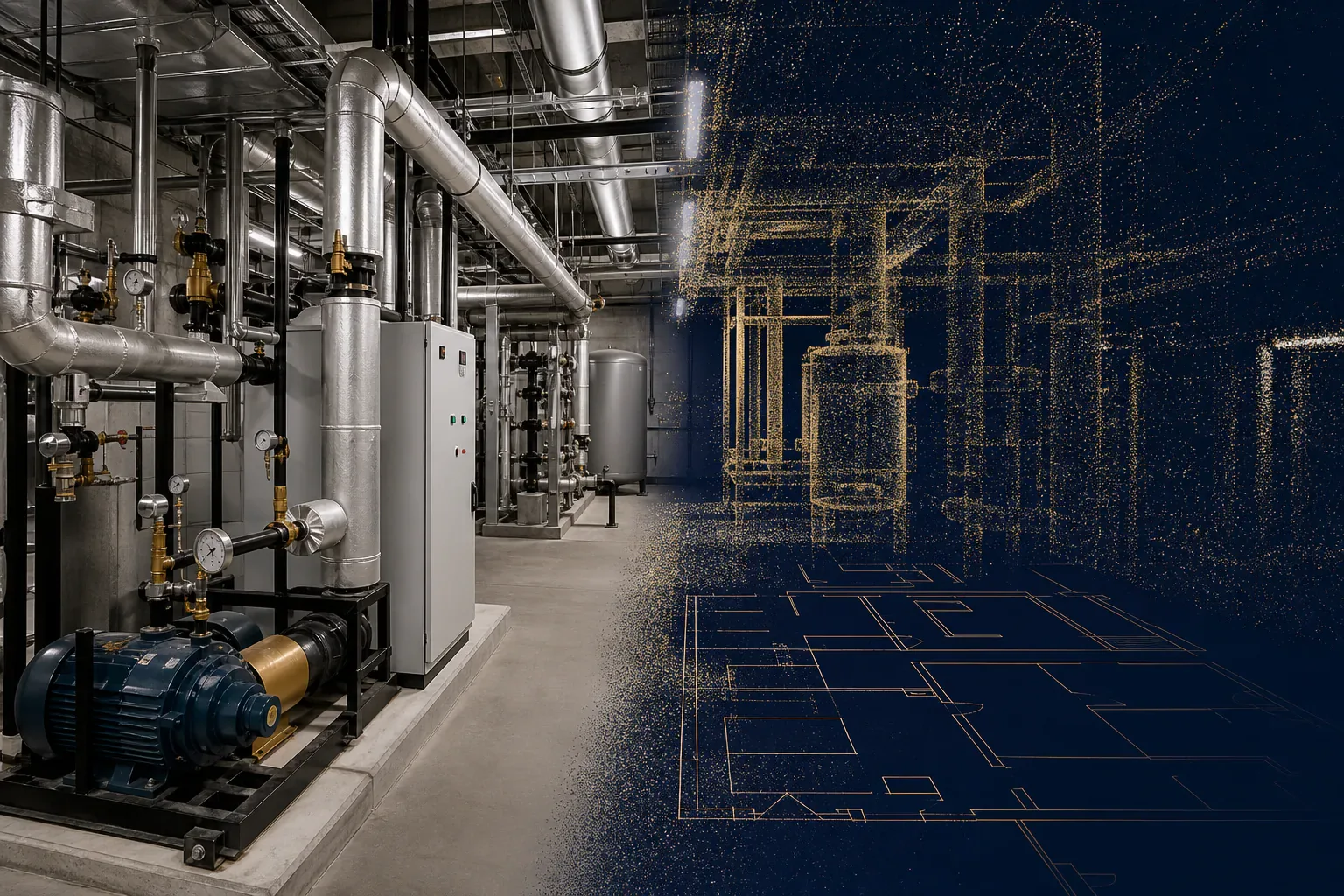 A commercial mechanical room transitioning into a gold point-cloud digital twin and floor plan